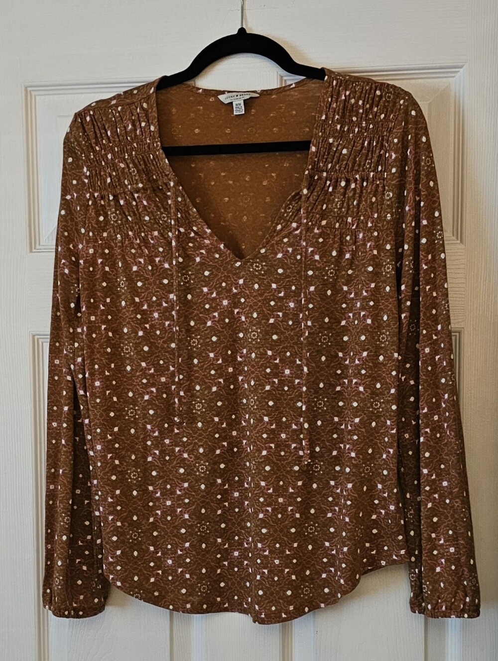Lucky Brand Long Sleeve Smocked Top Patterned Blouse Med.